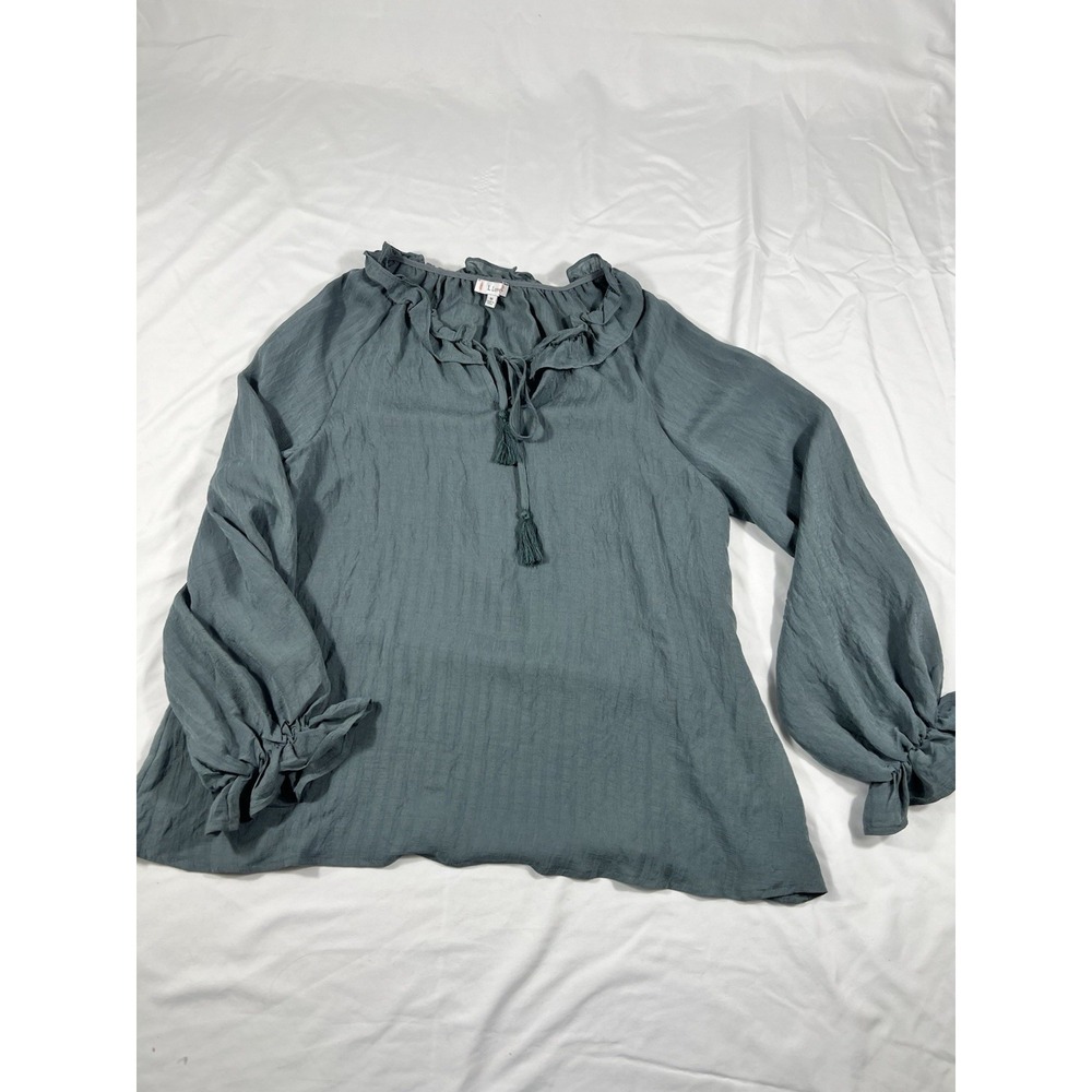 L Love Women's Peasant Blouse Medium Teal Ruffle Neck Tassel Tie Long Sleeve Top
